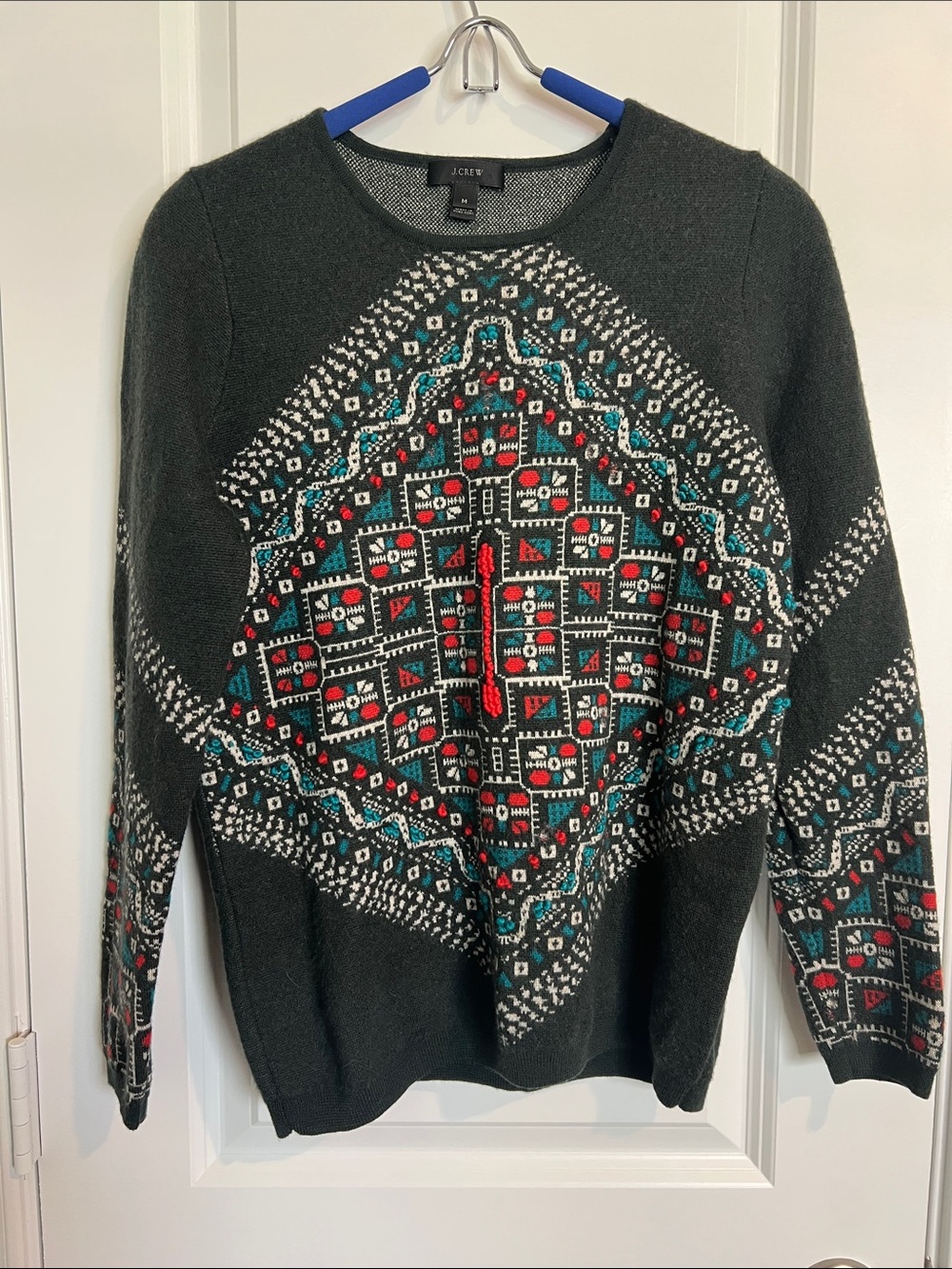 J. Crew Black Crewneck Sweater with Red and Teal Fair Isle Motif